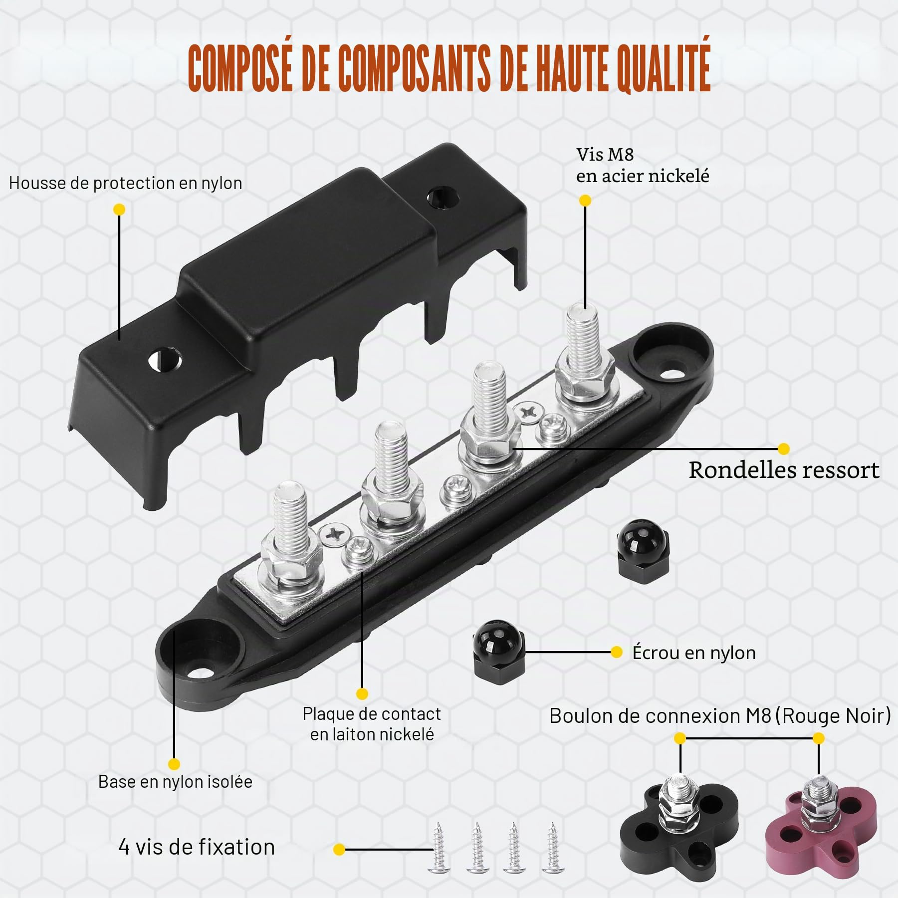 2 PCS 12V-48V DC Rail de Collecte Distributeur de Bloc 250A Busbar avec 5/16" (M8) 4-Posts Bornier avec Couvercle, Bornier Electrique avec 2x Borniers M8 pour Voiture RV Bateau (Rouge Noir)