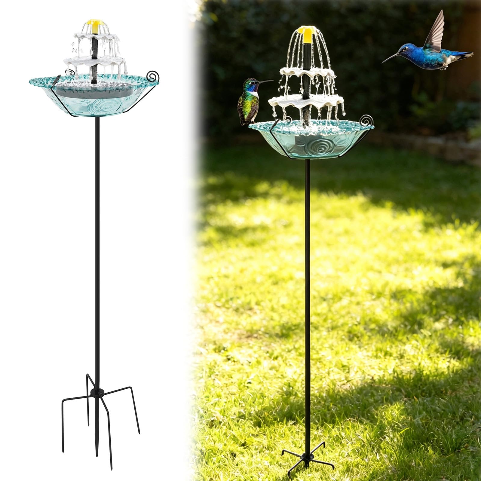 Solar Fountain Bird Bath for Outside, 31In Standing Birdbath with Metal Stake Stand, Flower Bowl Solar Bird Feeder Stake for Outdoor Water Fountain Decor for Garden, Patio, Yard & Lawn