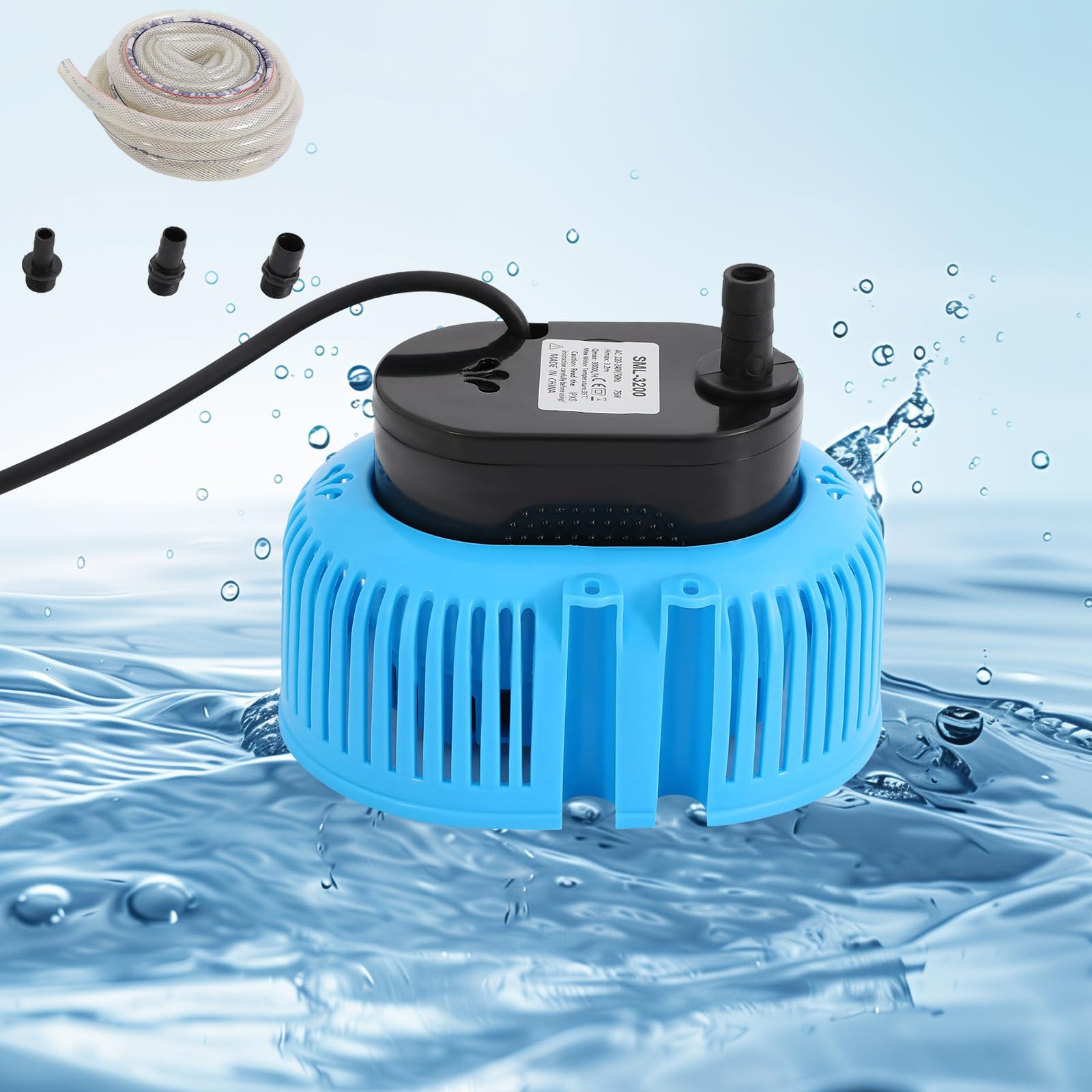 Submersible Pump, 75W 3000L/H Water Pump to Empty Pool, Immersion Depth: max. 7.5m, for Dirty Water with 13/16/19mm in Size, Temperature max.35℃, IPX8 Sump Pump for Swimming Villages (Blue)