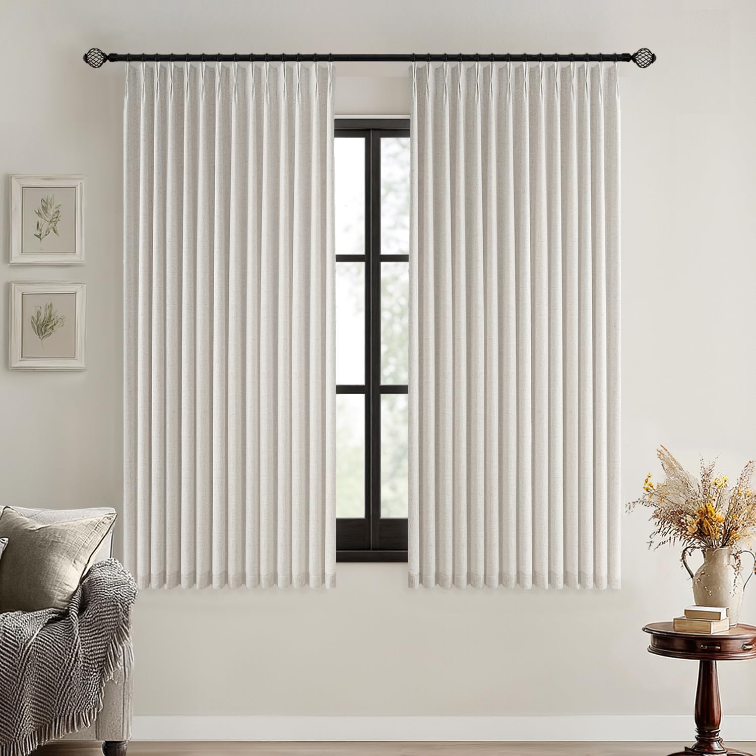 MIULEE Birch Pinch Pleated 100% Blackout Linen Curtains for Bedroom, Room Darkening Memory Trained Light Blocking Window Curtains 63 inches Long for Living Room, Black Out Pleat Drapes, 2 Panels