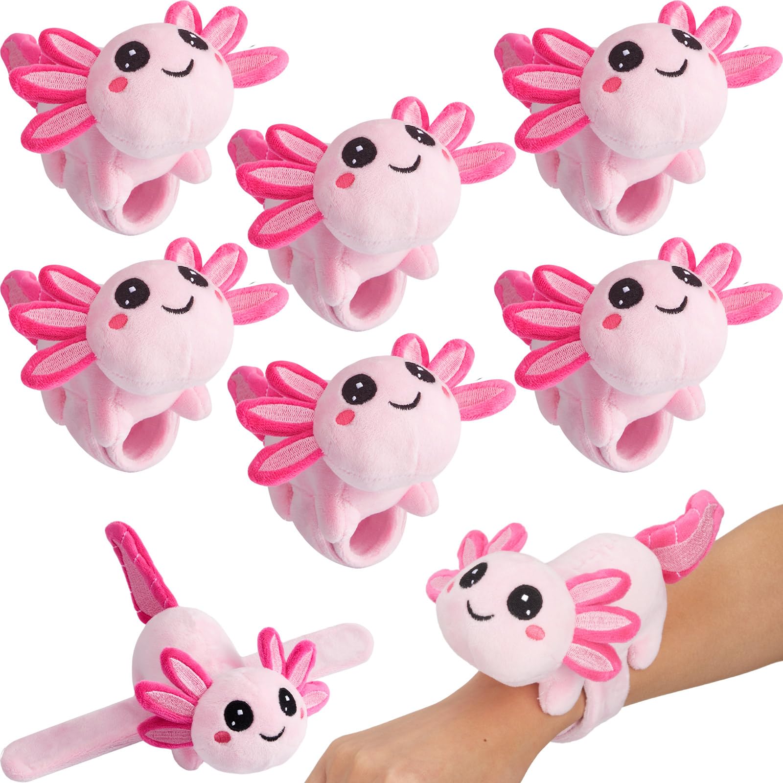 Deekin 8 Pcs 9 Inch Stuffed Axolotl Slap Bracelets Plush Axolotl Slap Band Cute Snap Bracelet Jungle Themed Huggers for Party Birthday Favor