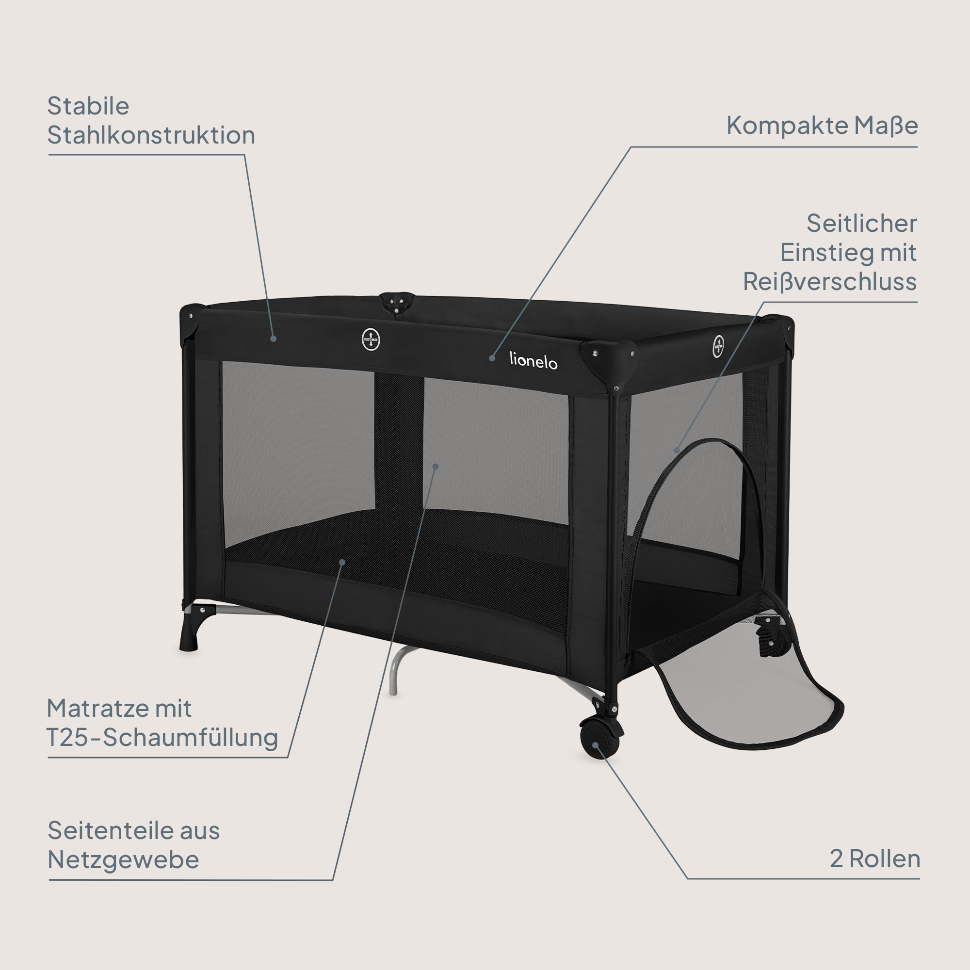 Lionelo Amelie Baby-Reisebett, ab Geburt bis 15 kg, klein, faltbar, weiche Faltmatratze, 100,5 x 70,5 cm, 2 Räder, seitlicher Einstieg, Reisetasche