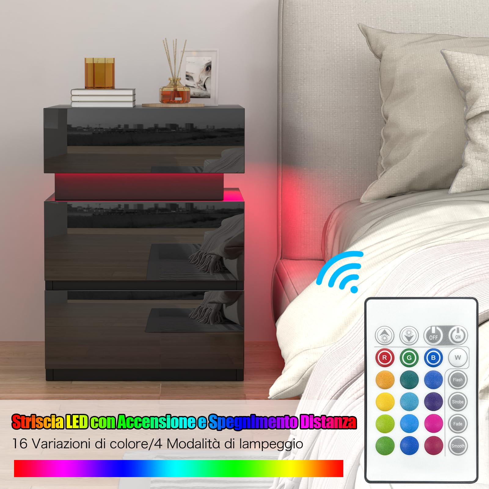 Lvechforhm Comodino con Striscia con illuminazione LED, Comodino Stretto con 3 Cassetti, Tavolino in Stile Moderni, Comodini Camera da Letto 40x35x55cm Nero, per Soggiorno Classico Organizzatore