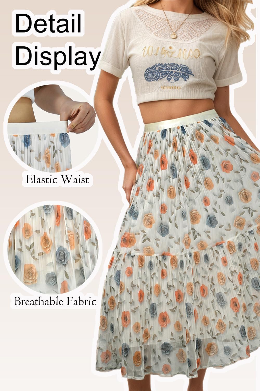 Women's Floral Tiered Maxi Skirt Elastic High Waisted Skirt, A-line Flowy Skirt Tulle for Women 2025 Summer - Image 2