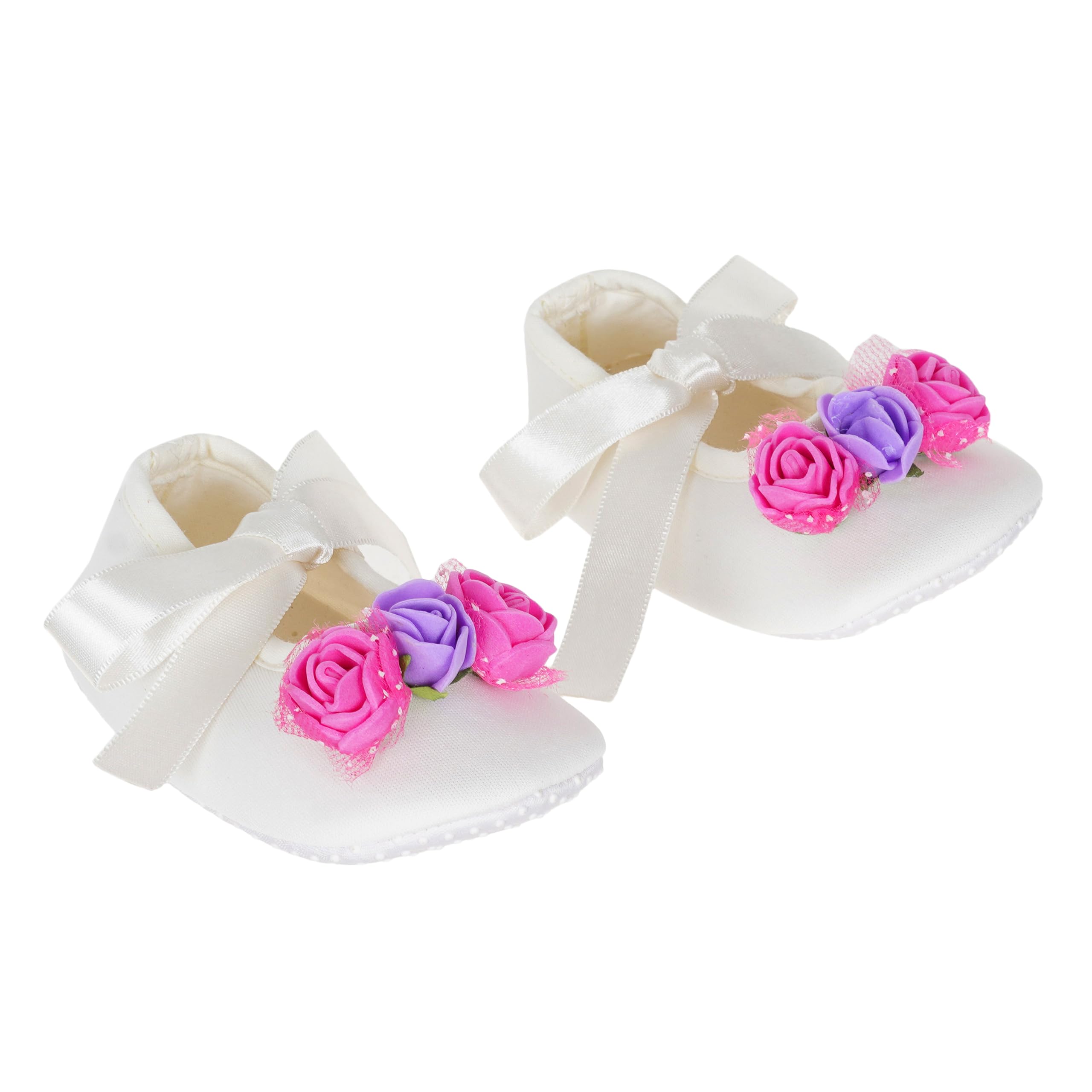 Infant New Baby Toddlers Boys and Girls Cotton White Sandal Ribbon Booties With Multicolor Flower Patch [RSM_69]-image-43