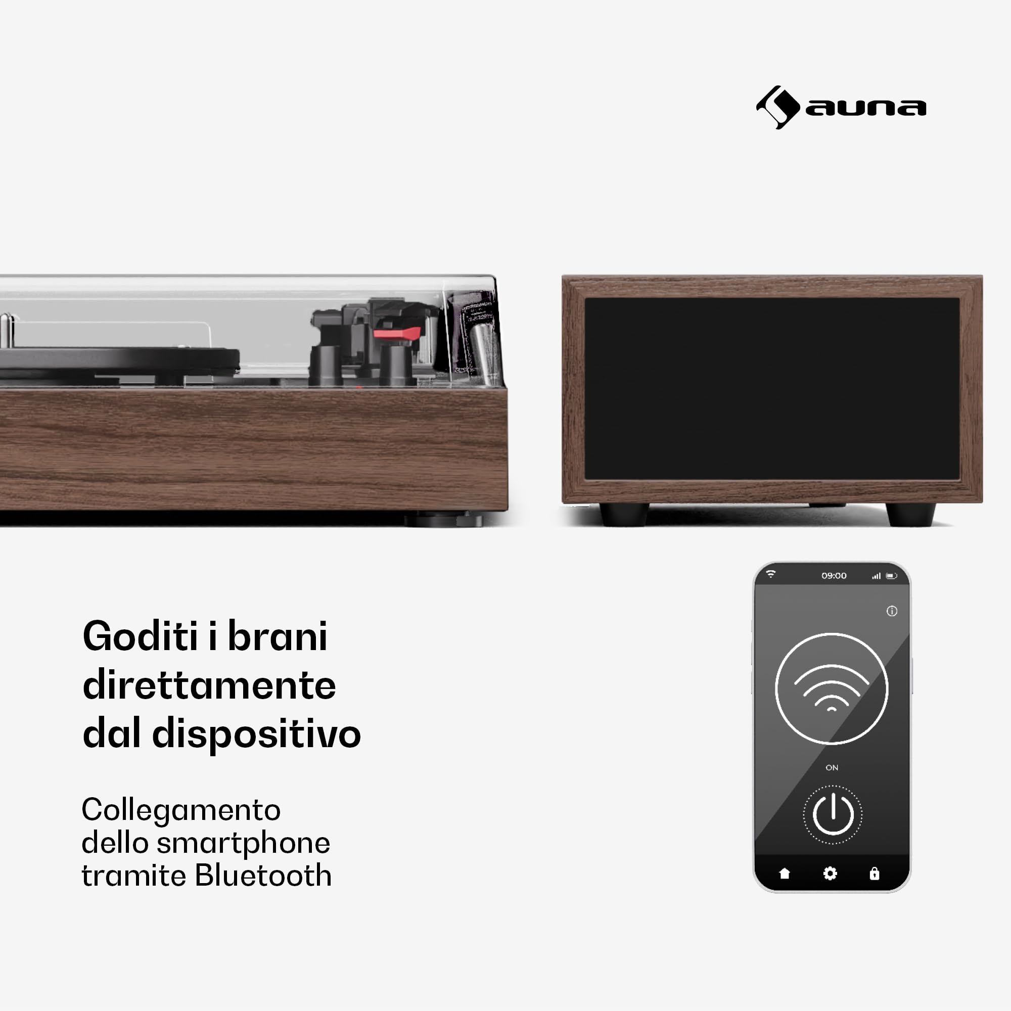 TT-Play - Giradischi Bluetooth, 3 Velocità, Altoparlanti Integrati: 2x10W, 33/45/78 RPM, Design Moderno, RCA-Out, Potenza Massima: 24W, Legno Scuro