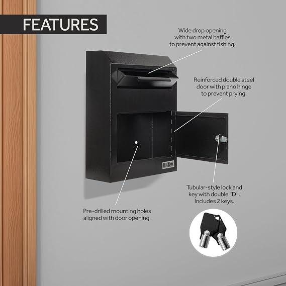 Durabox Drop Box Deposit Safe 12 x 4 x 15 Heavy Duty Steel Wall Mount Mailbox for Mail, Letters, Checks, Keys, Cash and more for Home, Office & Commercial Use (W500) (Black)