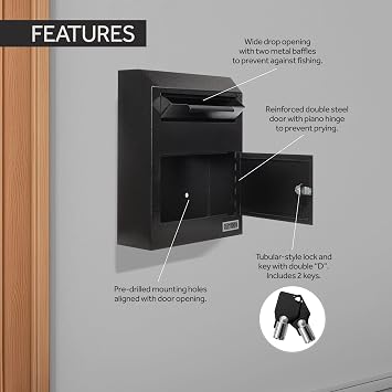 Durabox Drop Box Deposit Safe 12 x 4 x 15 Heavy Duty Steel Wall Mount Mailbox for Mail, Letters, Checks, Keys, Cash and more for Home, Office & Commercial Use (W500) (Black)