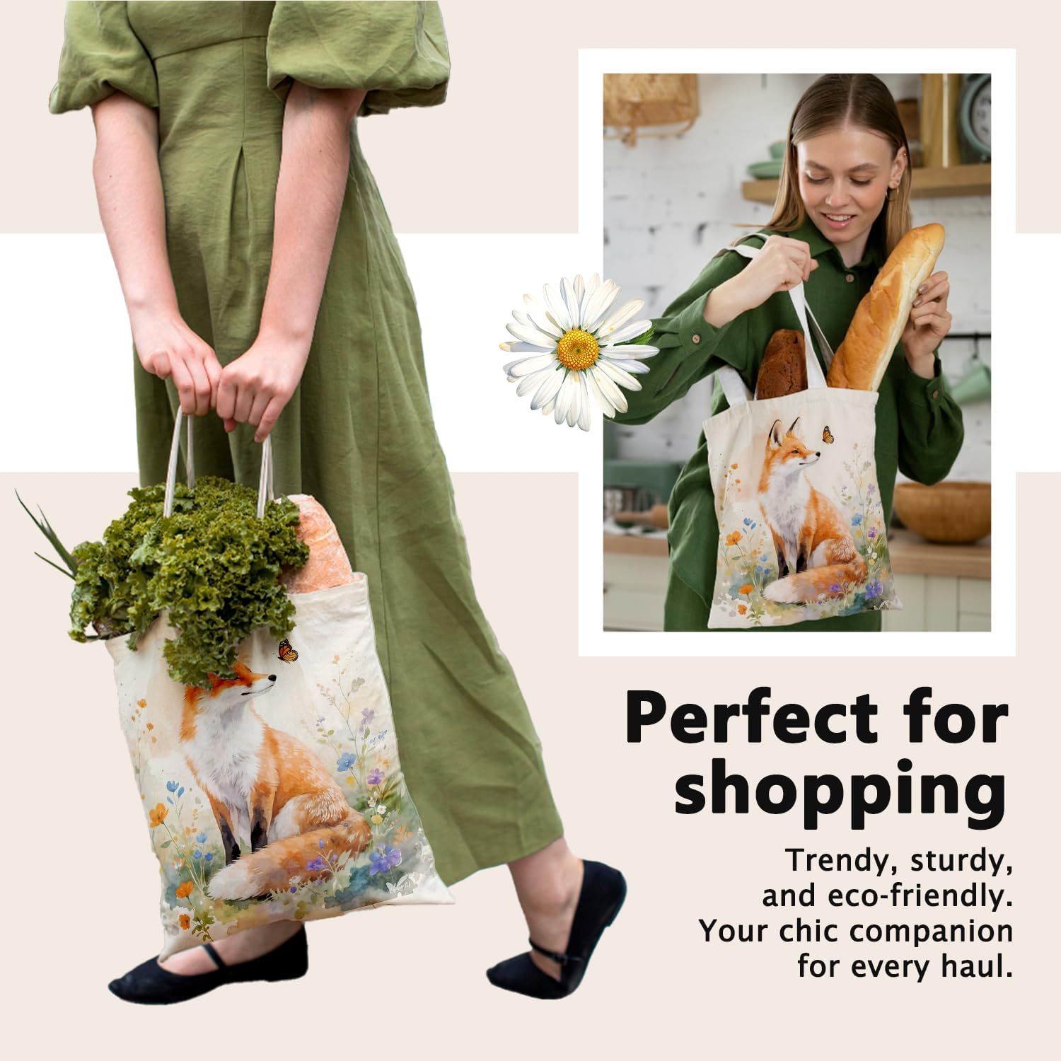 Cute Fox Canvas Tote Bag for Women Girls Fox Lovers, Fox Gifts, Reusable Grocery Bags Shopping Bags - Image 6