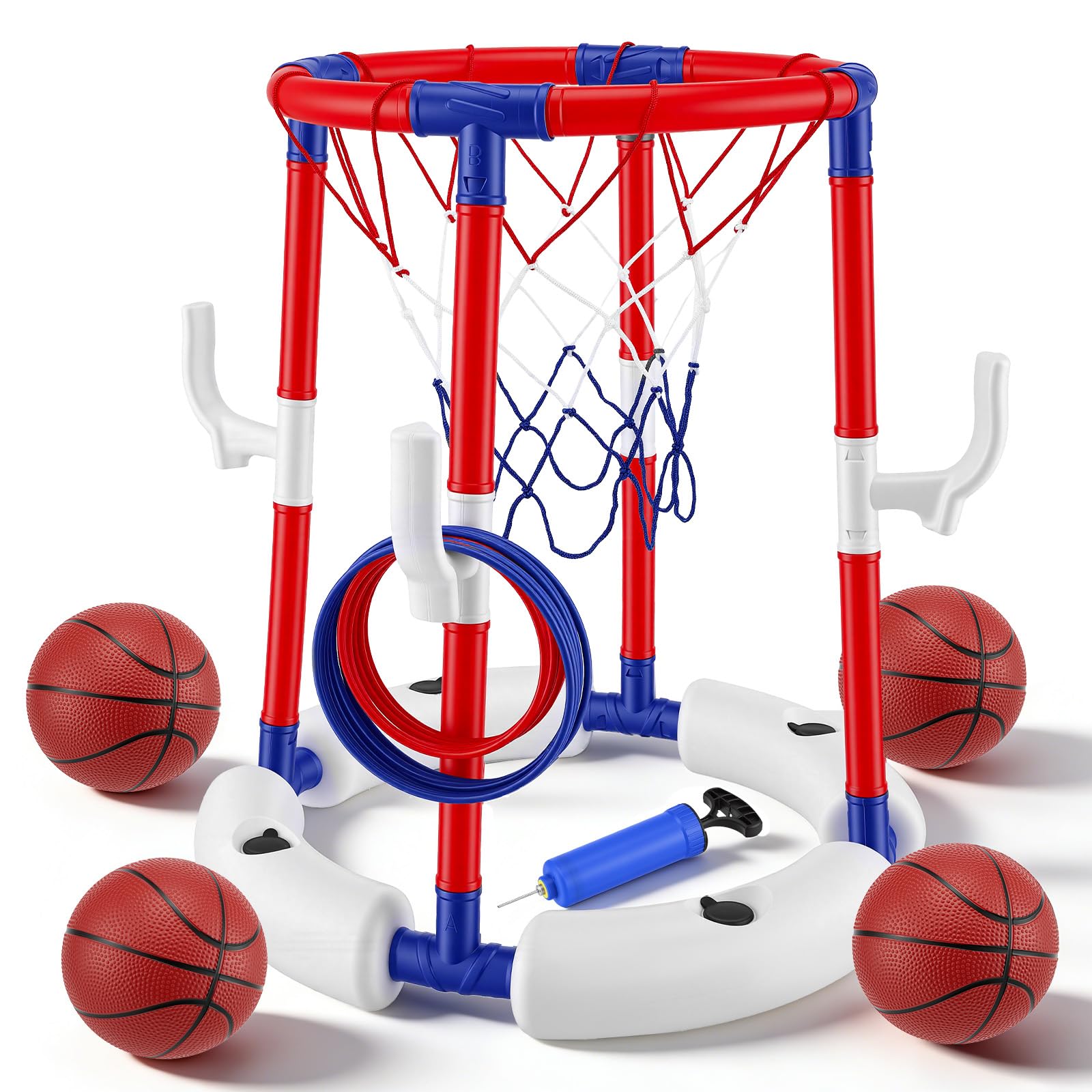 Canestro da Basket per Piscina 2-in-1, Galleggianti per Piscina per Bambini e Adulti, con 4 Palloni 12 Anelli, Gioco Acqua Cerchi da Lancio, Canestro Basket Bambini per Estate e Divertimento in Acqua