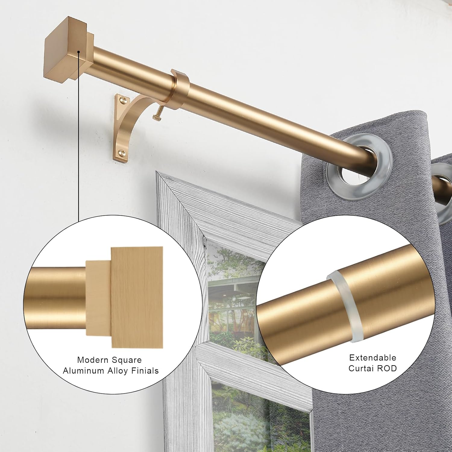 single curtain rods for windows 48 to 84 inch(4-7ft),1 inch diameter adjustable heavy duty drapery rods,with modern square aluminum alloy finials,warm gold 48-84" warm gold