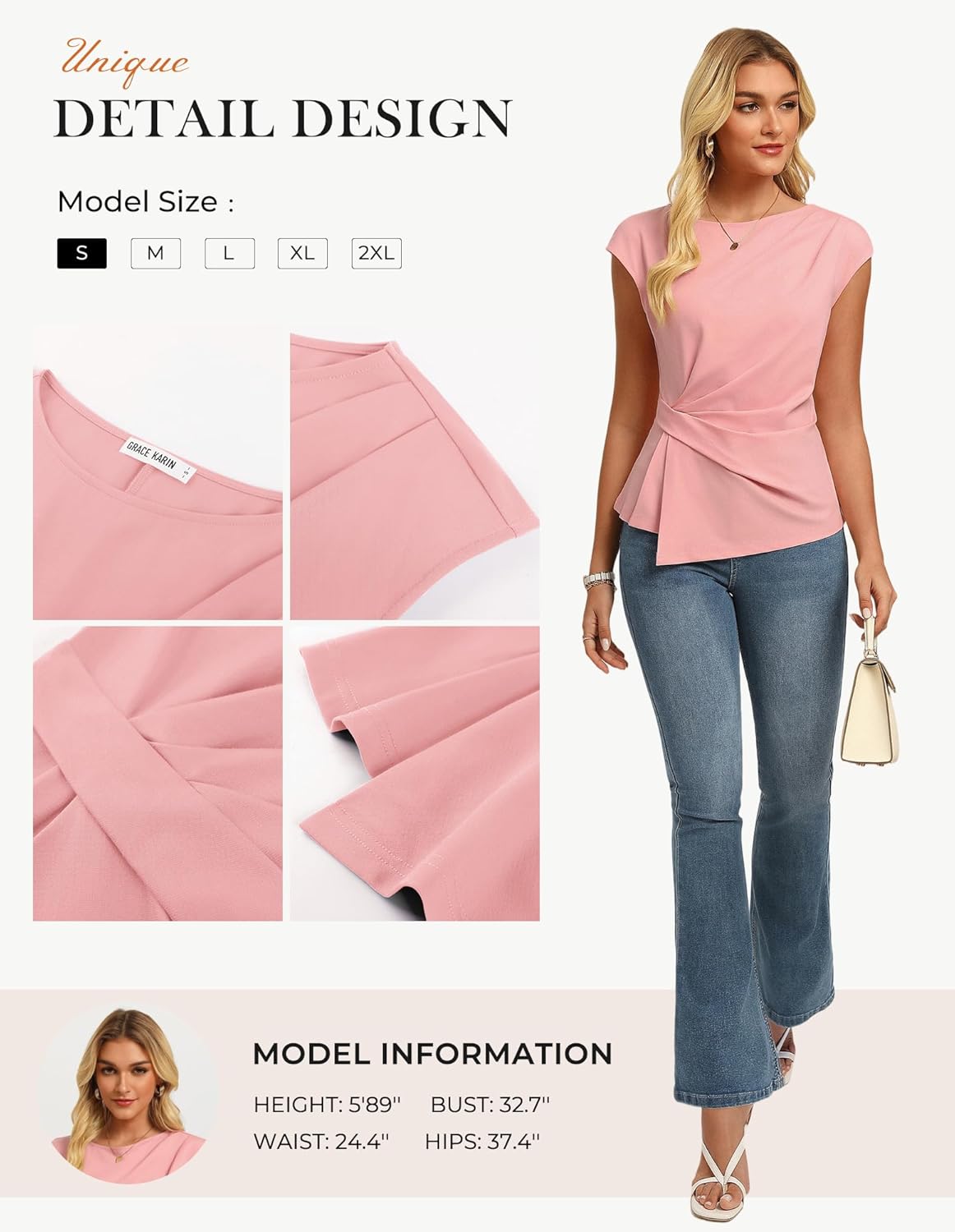 GRACE KARIN Womens 2026 Spring Short Sleeve Tops, Dressy Casual Crew Neck Peplum Shirts, Trendy Tunic Blouses with Knot - Image 5