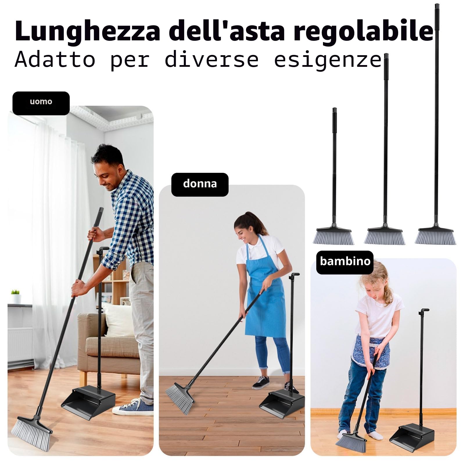 Set scopa e paletta, set paletta e spazzola a manico lungo, set scopa verticale per spazzare, spazzola rotante a 180 gradi, paletta domestica con denti a pettine per interni, esterni, casa e cucina.