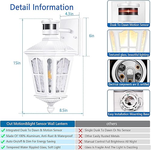 Miniatura 4 de Luces de pared con sensor de movimiento para exteriores, color blanco, del atardecer al amanecer, antioxidantes e impermeables, para porche, patio