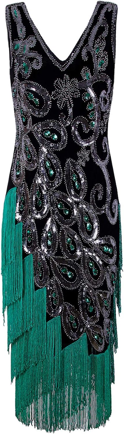 VIJIV Women's Vintage 1920s Style Peacock Sequin Roaring 20s Gatsby Party Flapper Dress