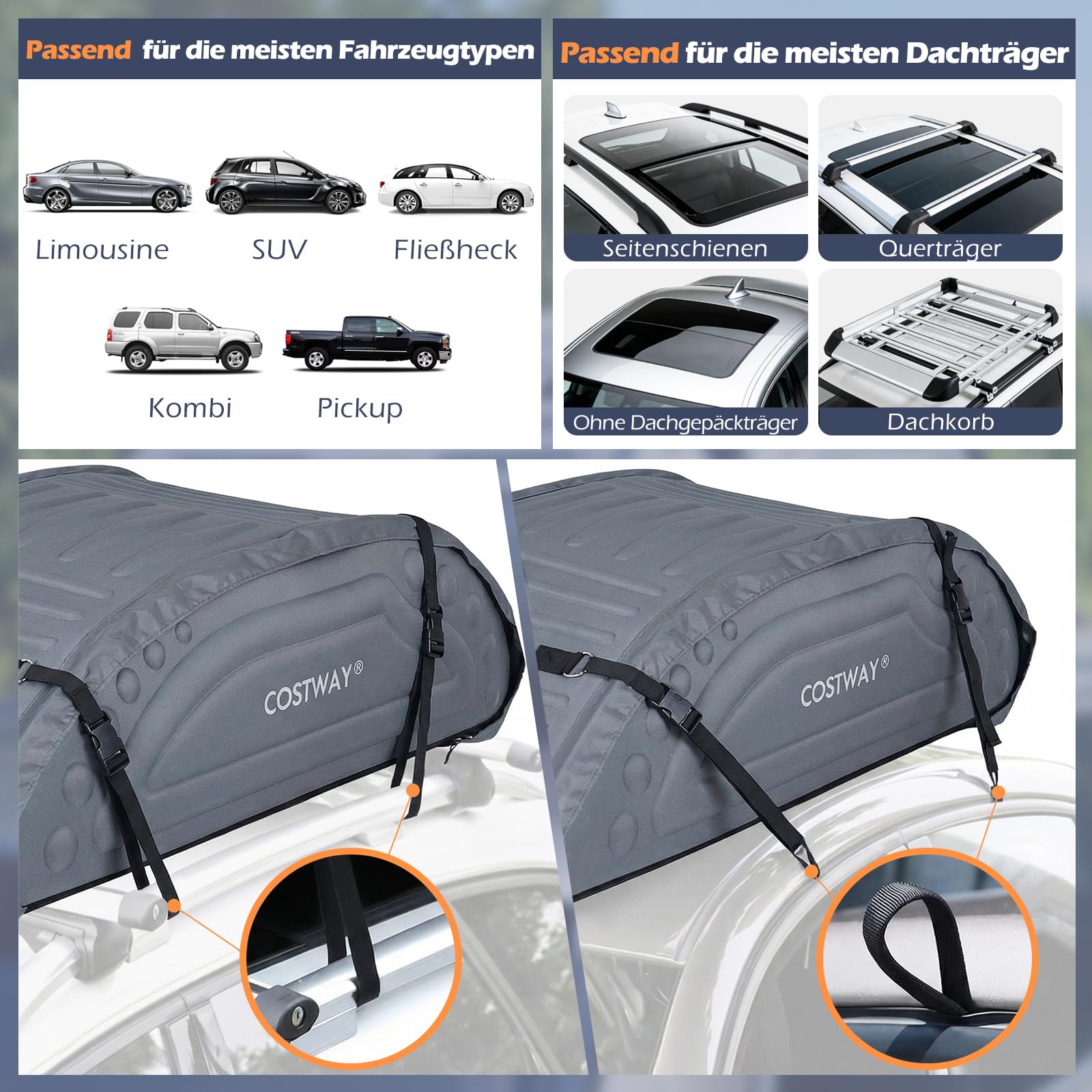 COSTWAY 400L Dachbox Auto, Dachkoffer mit Gurten & Tragetasche, Dachtasche aus Leinenstoff, Gepäcktasche, Gepäckbox, Dachgepäckträger Tasche für Autos, SUV (Grau)