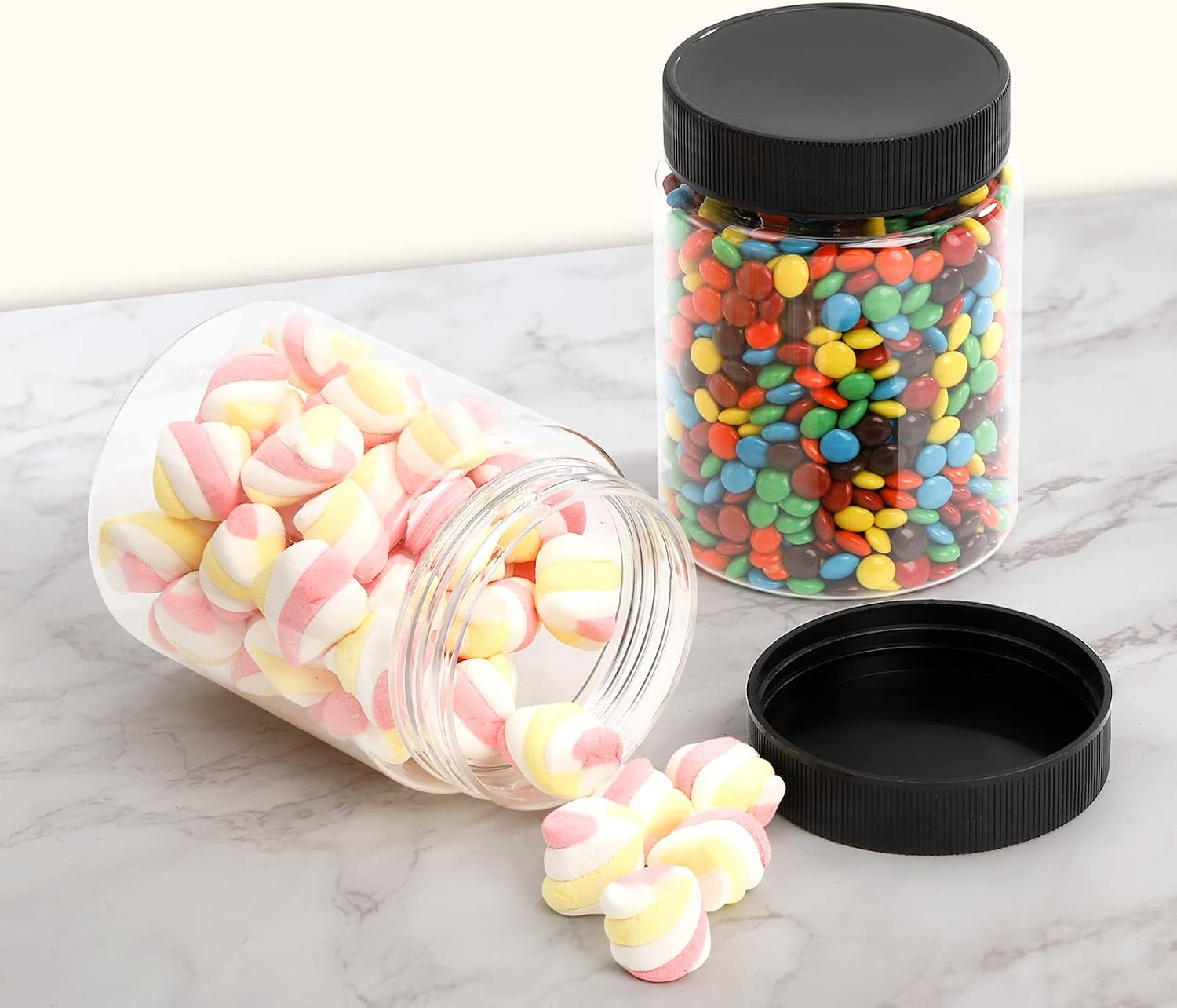 Tebery 16 Pack Clear Plastic Jars Bottles Canisters with Black Ribbed Lids, 16OZ Straight Cylinders Storage Jars Empty Slime Cosmetics Containers for Kitchen Storage Spices Dry Food Body Butter