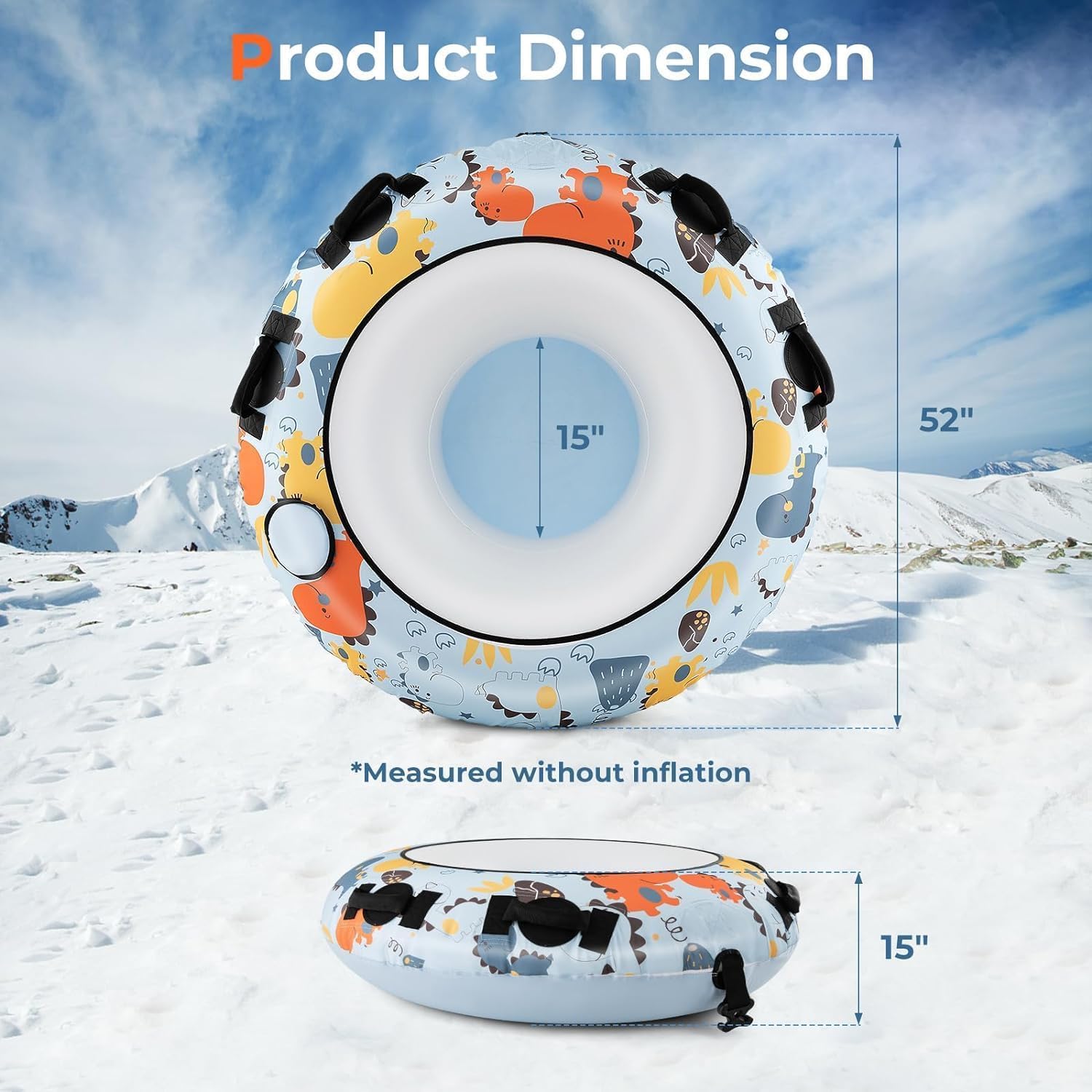 Diagram showing the dimensions of the DORTALA 52-inch snow tube, including 52 inch diameter and 15 inch inner diameter/seat depth