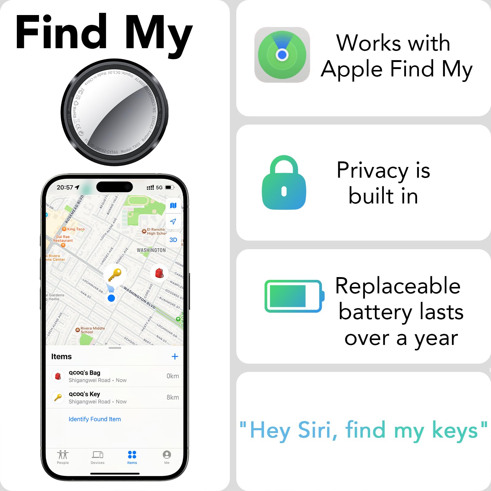 Air Tracker Tag, Smart Tag Compatibile con Apple Dov'è (Solo iOS), Localizzatore Chiavi con Custodia Protettiva/Portachiavi, Trova Oggetti per Valigie/Bagagli/Portafogli, Batteria Sostituibile 1 pezzi