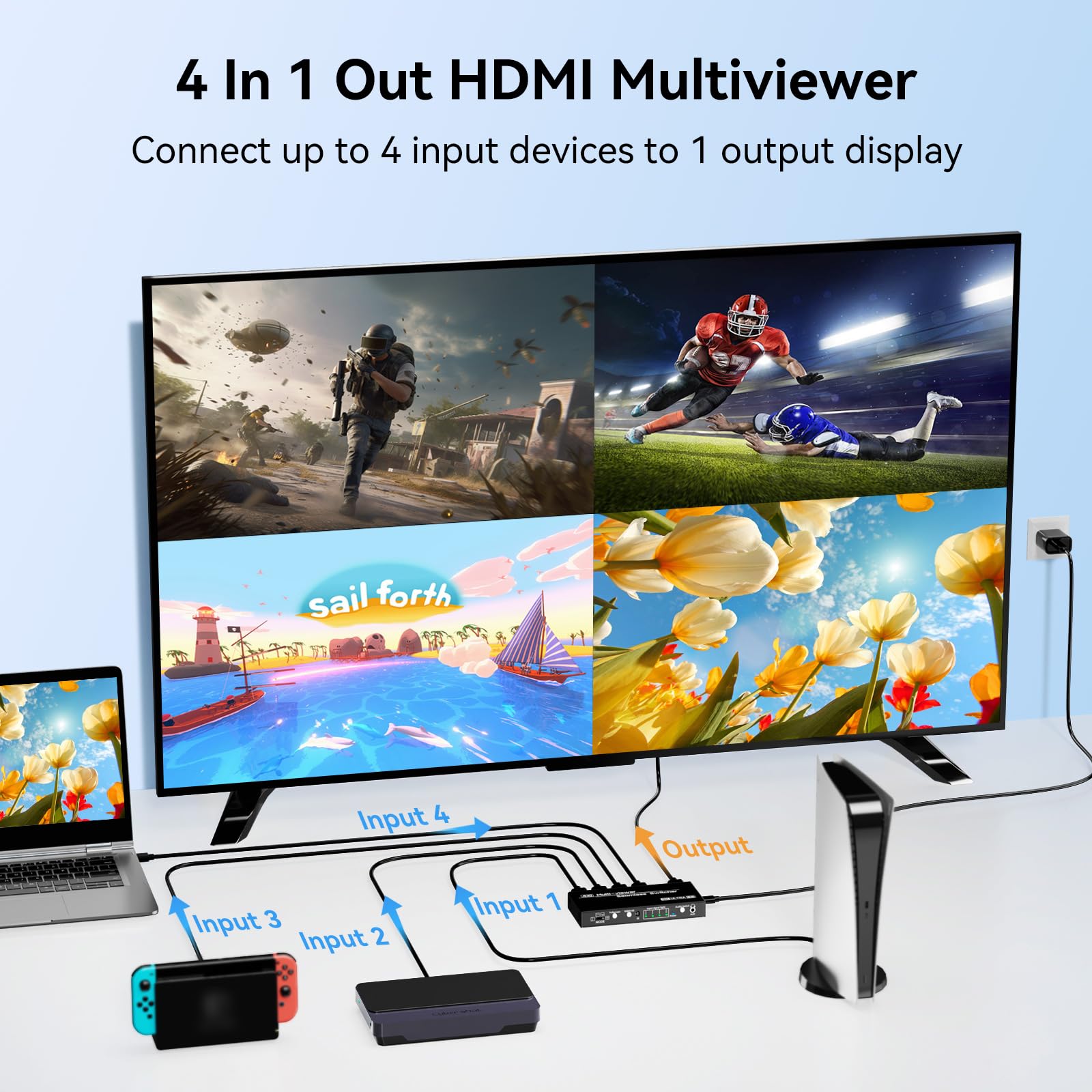 Interruptor multivisor HDMI 4x1, conmutador sin costuras, 4 en 1, interruptor de salida con control remoto IR, salida de audio de 3.5 mm, compatible con 1080p 60Hz, actualización de 10 modos de