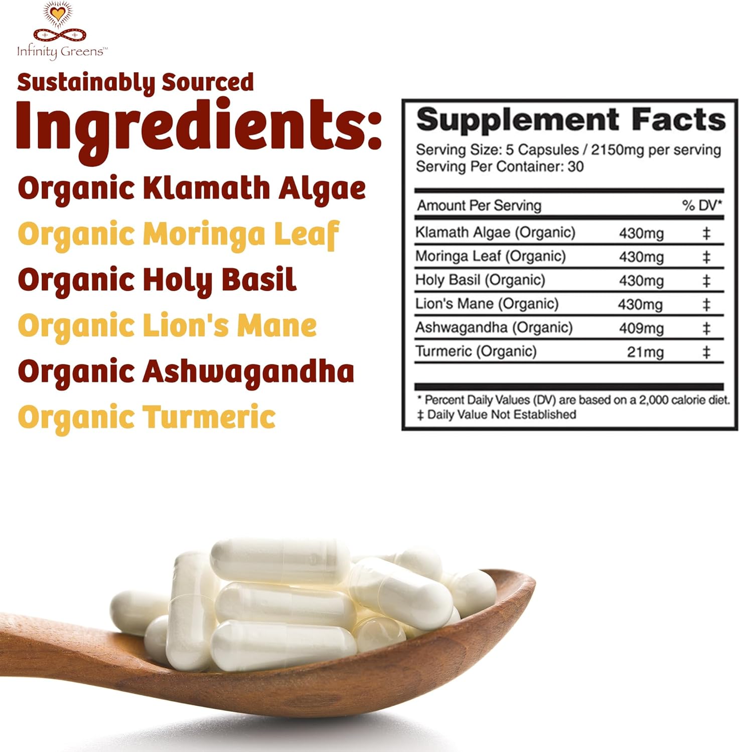 Infinity Memory and Focus Supplement, Superfood Brain Fuel with Organic Lions Mane Mushroom, Ashwagandha, Holy Basil, & Turmeric, Supplements for Women and Men (150 Capsules)