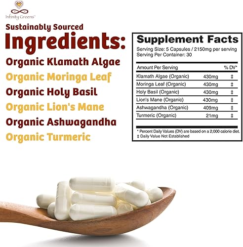 Miniatura 6 de Suplemento de memoria y enfoque infinito  Combustible cerebral superalimento con hongo de melena de león orgánico, Ashwagandha, albahaca sagrada y