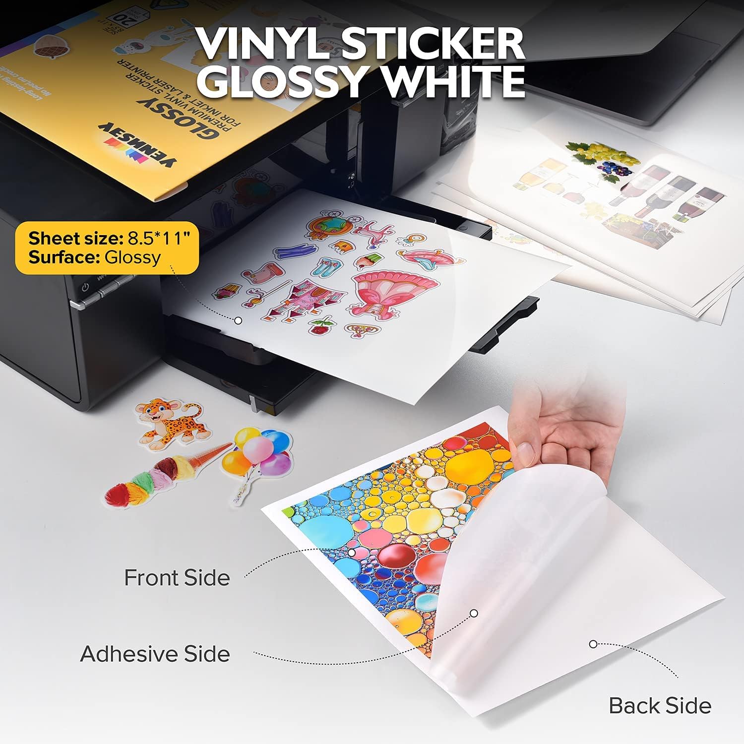 Printable Vinyl Glossy Sticker Paper for Inkjet Printer 20 Sheets White Waterproof Self-Adhesive Sticker paper for cricut 8.5x11 Inches//YENNSEY