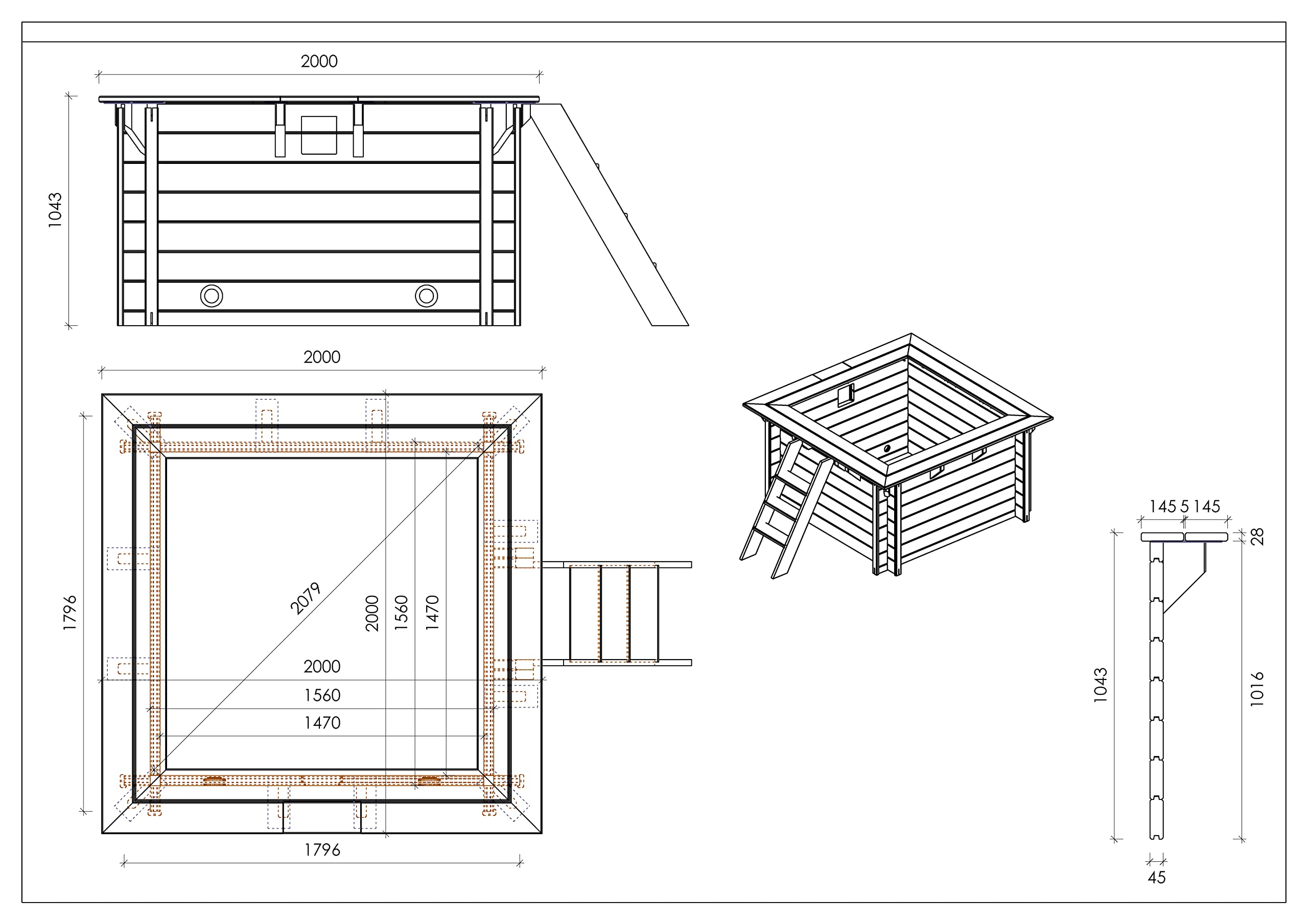 Paradies Pool® Holzpool Lulu Einzelbecken inkl. Zubehör, Edelstahlleiter Tiefbecken, Blaue Folie mit 0,8mm Stärke, Viereck-Pool, 200 x 200 x 104, Menge: 1 Stück