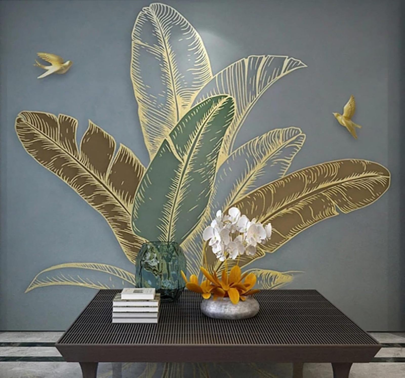 Xlming 250Cm×170Cm(B×H) Minimalist Luxury Gold Banana Leaves Birds 3D Wallpaper Silky Texture Home Study Office Grey Dining Room Sofa Bedroom Living Room Tv Backdrop-250Cm×170Cm
