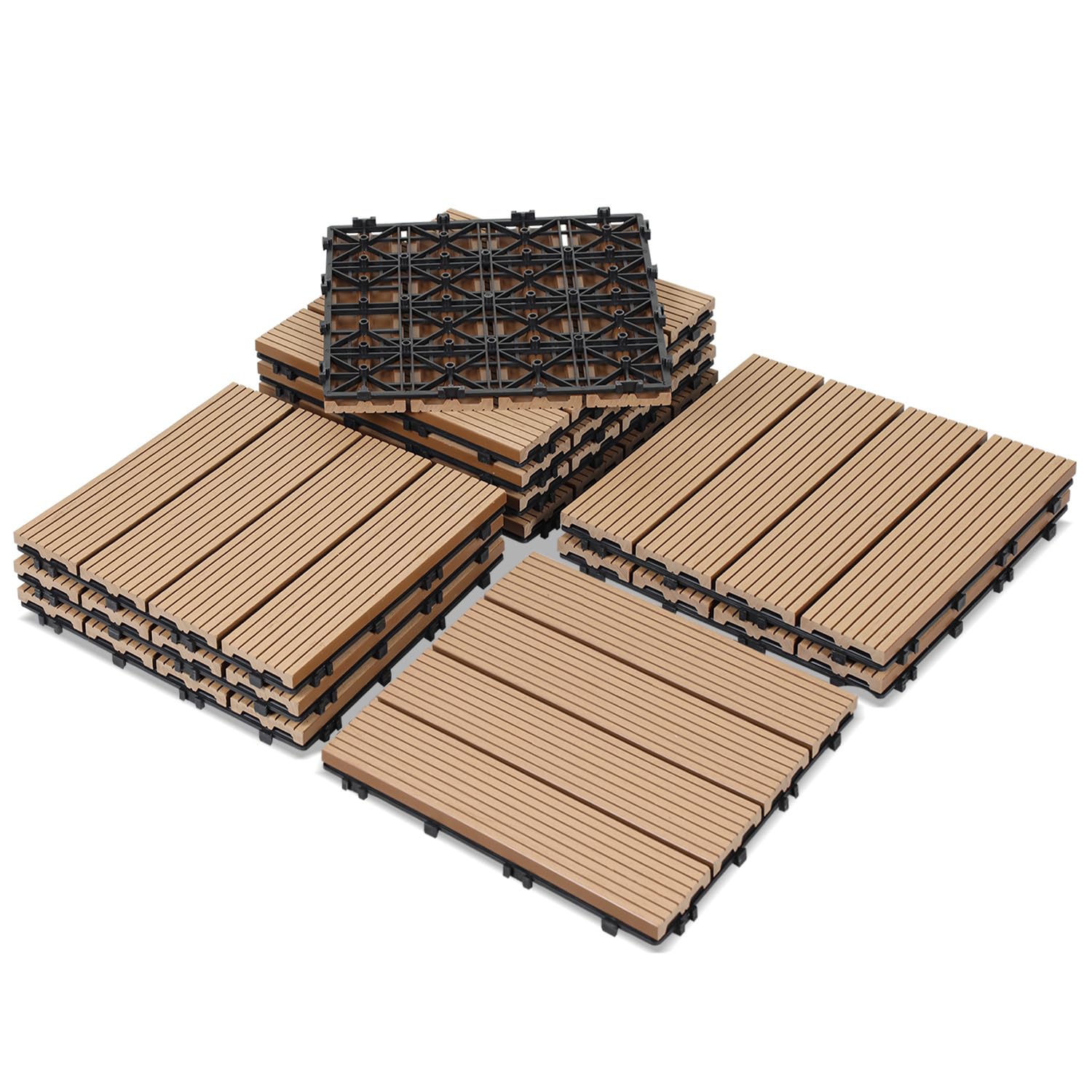 30 x 30 cm WPC Klickfliesen, 44er Set 4m Terrassenfliesen in Holzoptik mit Drainage, Bodenbelag für Balkon, Terrasse und Garten, Wasserfest und Rutschfest, Teak