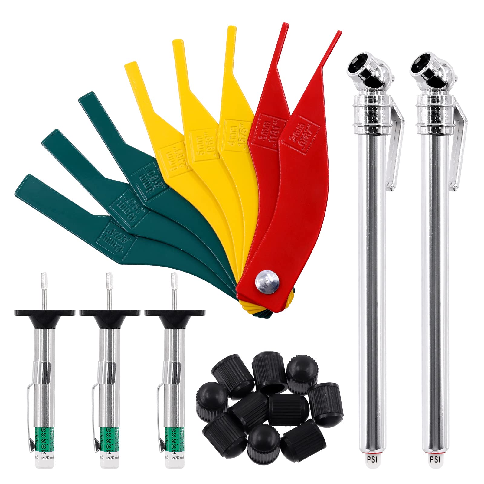 Tanstic 16Pcs Tire Tread Depth Gauge and Brake Lining Thickness Gauge Set, Come with Tire Pressure Gauge and Tire Valve Caps