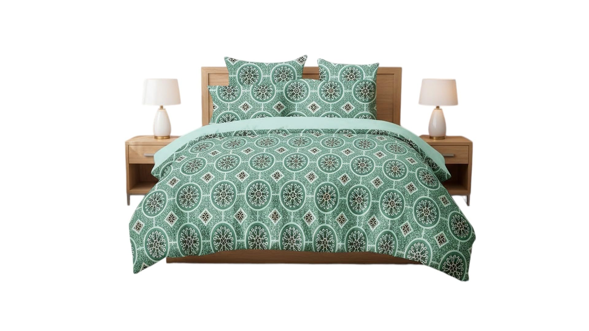Medallion Print Cover Set, Green Geometric Bedding | Mandala Pattern, 2 Pillow Covers, Double Bed Size, Reversible Design, Bedroom Decor-image-40