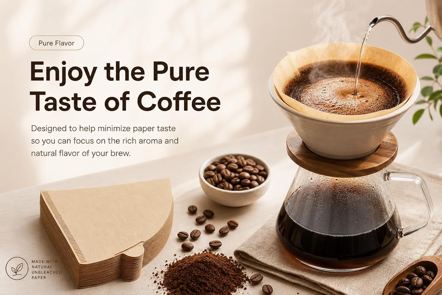 100 Pack V-Shaped Coffee Filters Natural Brown Unbleached Wood Pulp Disposable Paper Cone Filters for Pour Over Drip Coffee 2-4 Cups