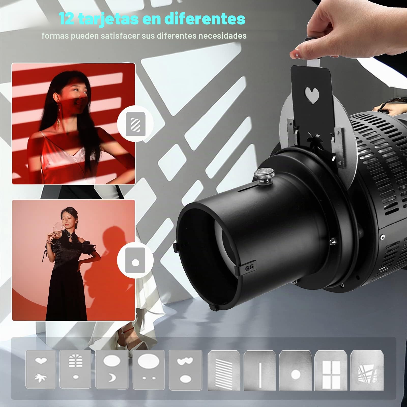 Soonpho Snoot óptico cónico con soporte de Bowens para fotografía,Proyector GOBO de aleación de aluminio,Condensador fotoóptico con 5 filtros de color y 10 gobos para flash de estudio LED Spotlight