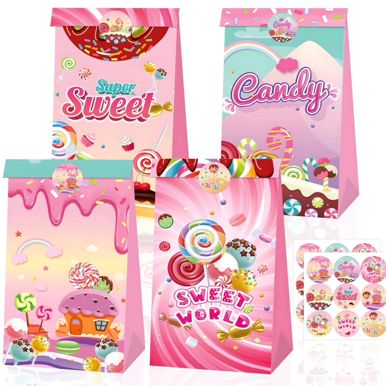 12Pcs Candy Sweet Land Goodie Bags with Stickers Lollipop Gift Bags Candyland Themed Party Favors Goody Treat Bag for Birthday,Baby Shower,Weddings,Guraduations Candy Shop Theme Party Supplies Decor