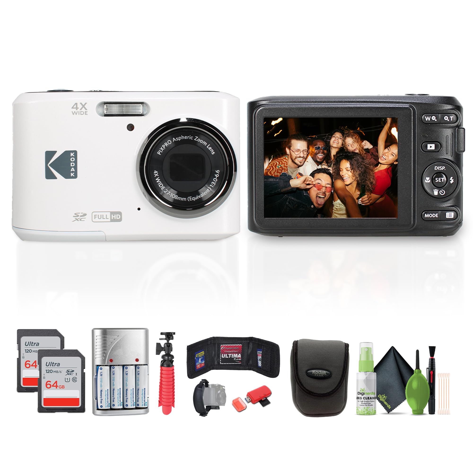 Kodak Pixpro FZ45 Digital Camera (White) Bundle Including: 2X 64 GB Memory Card, Rechargeable Batteries, Camera Case, Flexible Tripod, Card Reader, Card Wallet, Hand Strap, Full Cleaning Kit-image-7