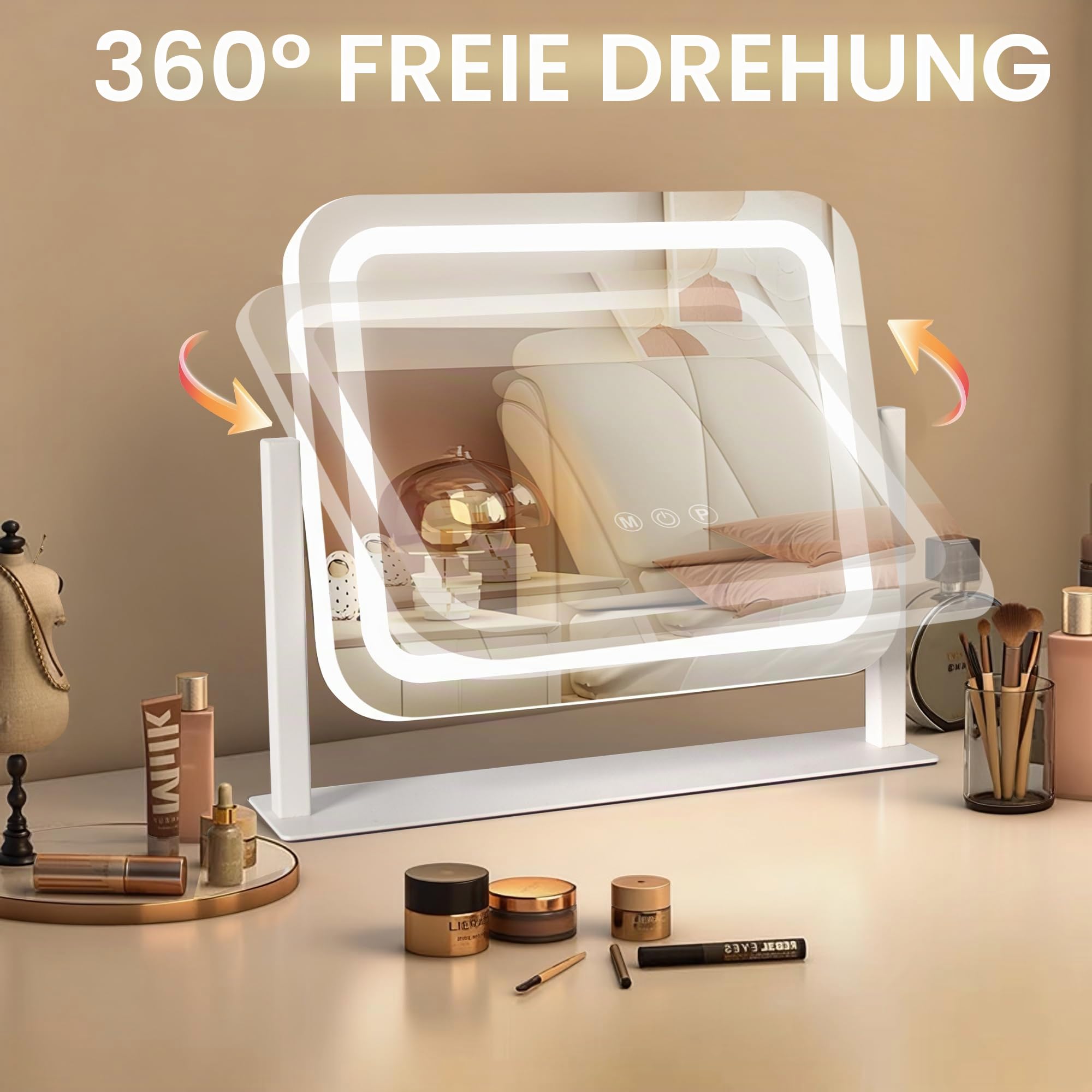 Ratsamee Schminkspiegel Mit Beleuchtung, 35 x 30 cm Spiegel mit 3 Farblich Dimmbaren Licht, intelligente Touchscreen-Steuerung, 360° Drehbar, 14" × 12" Weiß