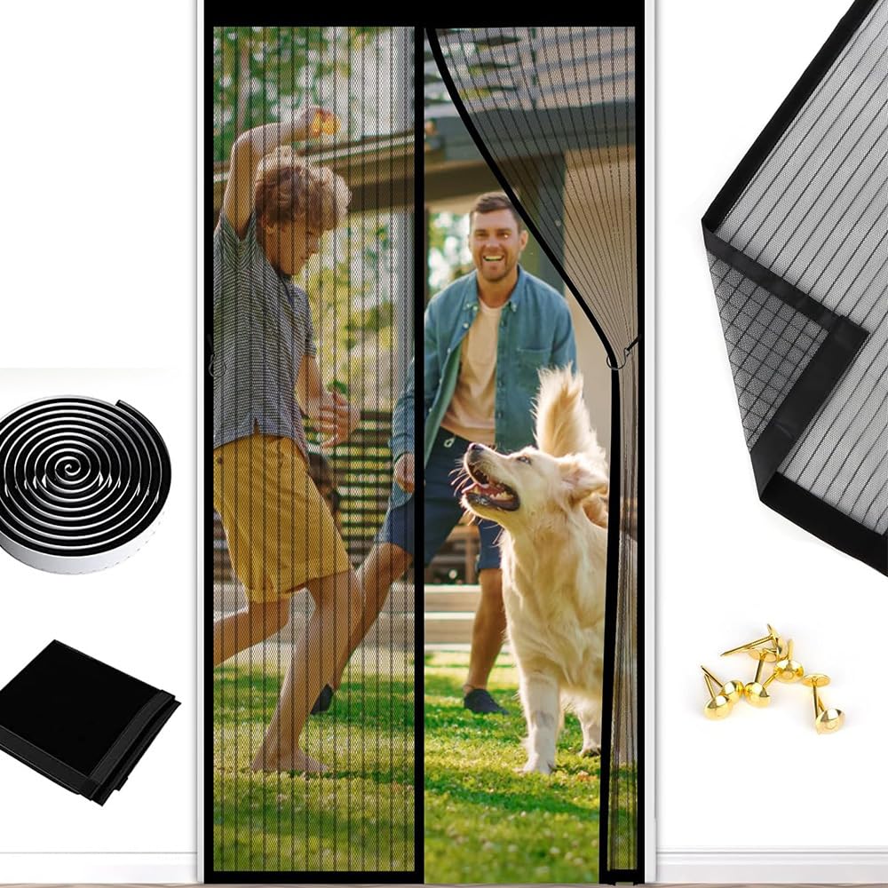 1PCSHeavy Duty Magnetic Bugs Without Drilling Door Screen with Powerful Magnets and Full Frame Magic Tape (black, 80x200 cm)