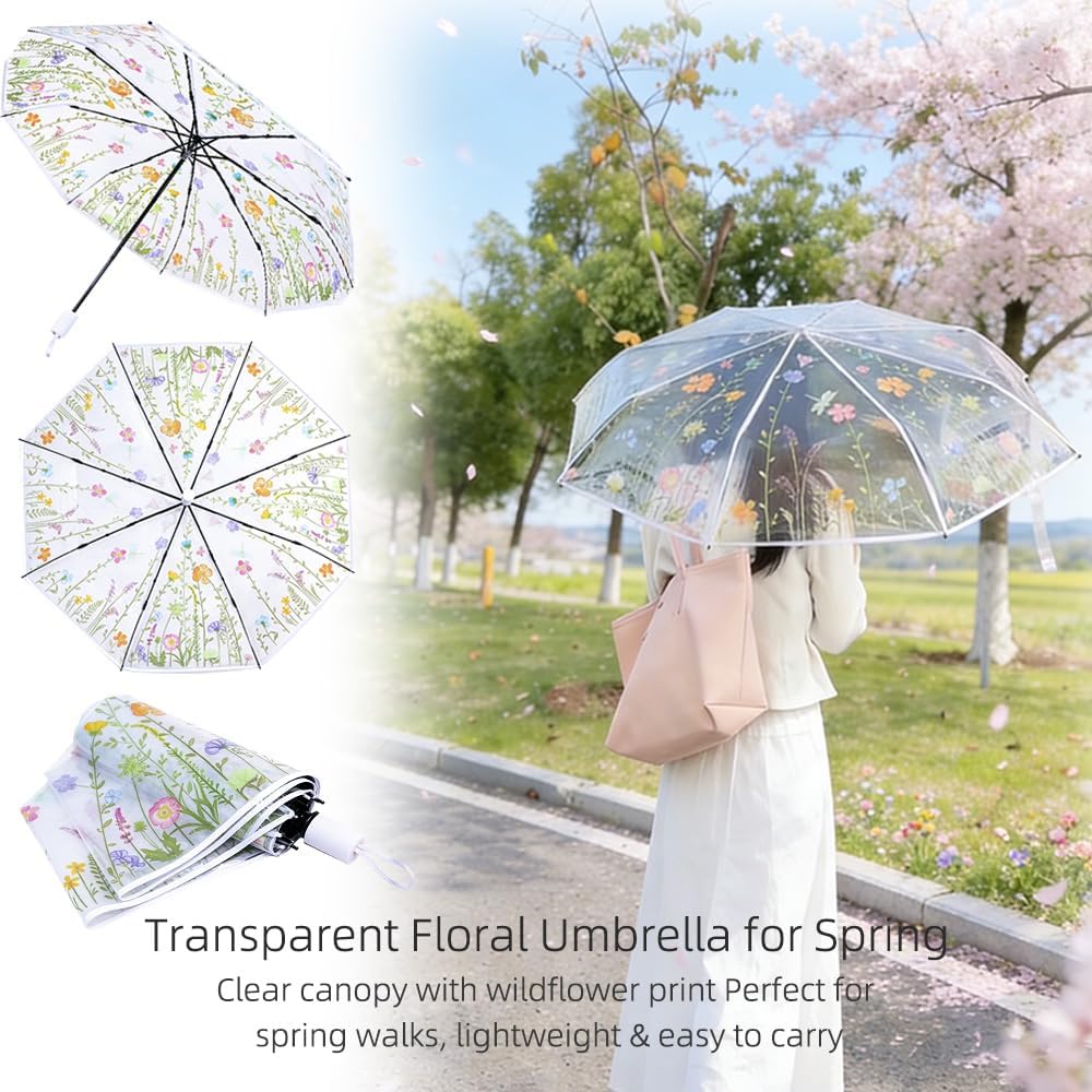 Clear Flower Umbrella, Clear Transparent Umbrella for Windproof Rainproof Wedding Adult