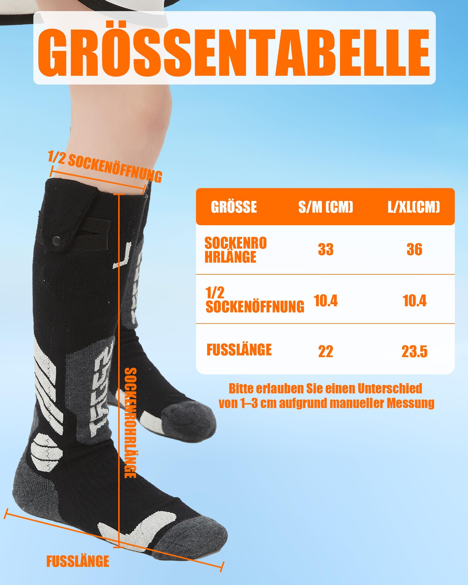 Beheizbare Socken Kinder mit 5000mAh Akku – Heizsocken für Jungen und Mädchen bis zum Knie, Elektrische Wollsocken zum Skifahren mit Upgrade-Kohlefaser-Heizelement (Schwarz +5000mAh Akku, L-XL)