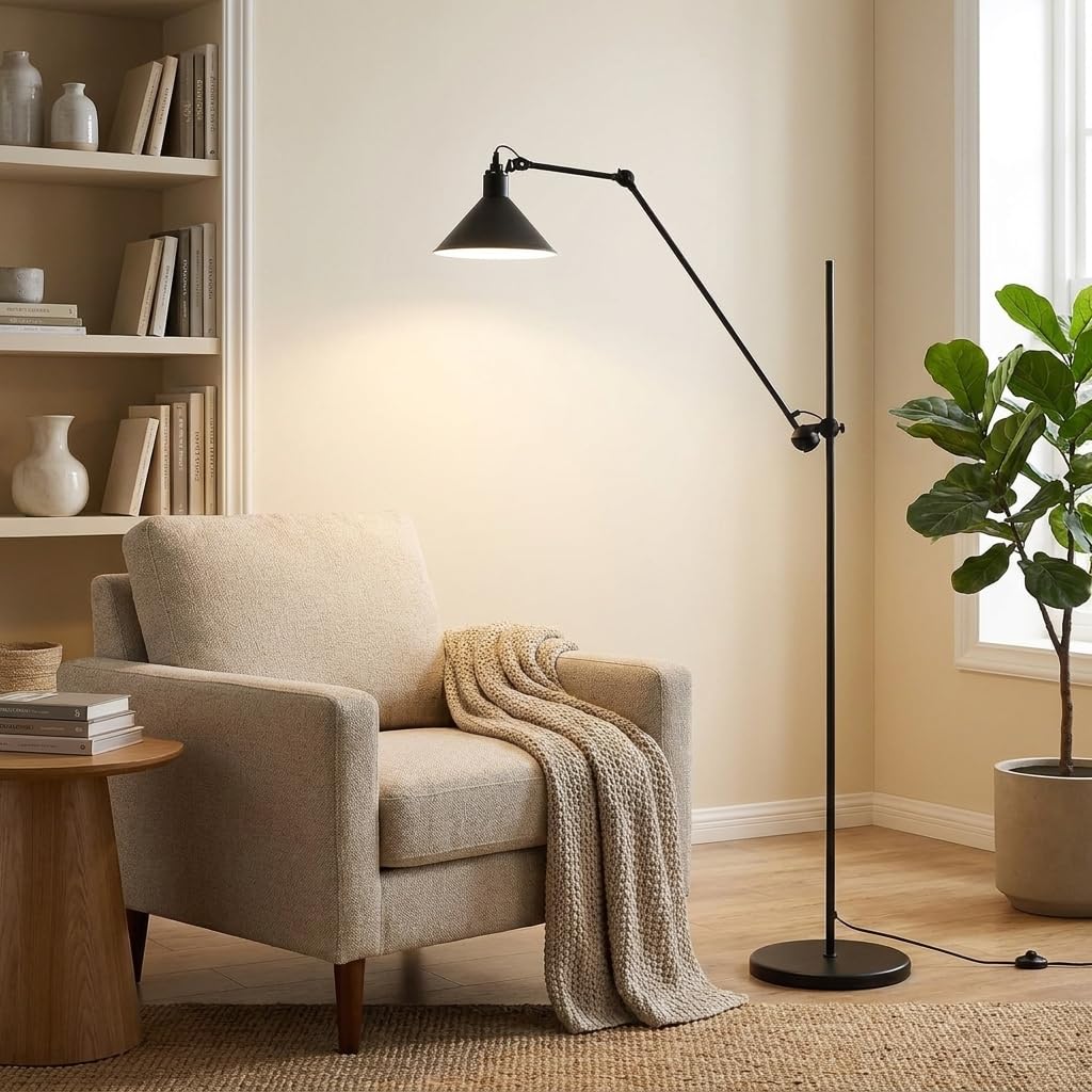 Barcelona LED Candeeiro de Pé Articulado RUBY 215 E27 Preto – Candeeiro Industrial de Chão 360° Ajustável, Base Estável 9 kg, Design Loft para Sala Escritório Estúdio (Lâmpada Não Incluída)