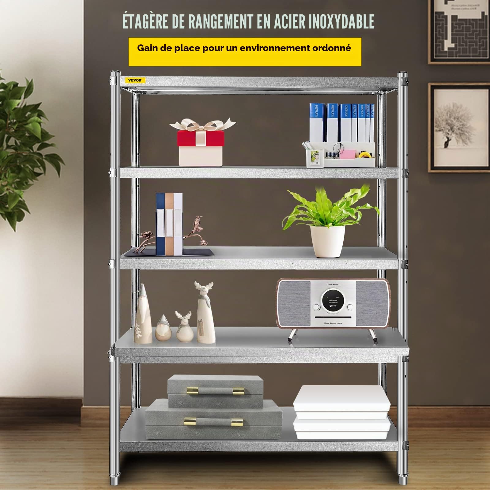 VEVOR Étagère de Rangement en Acier Inoxydable 122x47x183 cm, Rayonnage Charge Lourde 5 Niveaux, Meuble de Rangement pour Cuisine Bureau Garage Cellier, Capacité 150 kg par Niveau, Hauteur Réglable