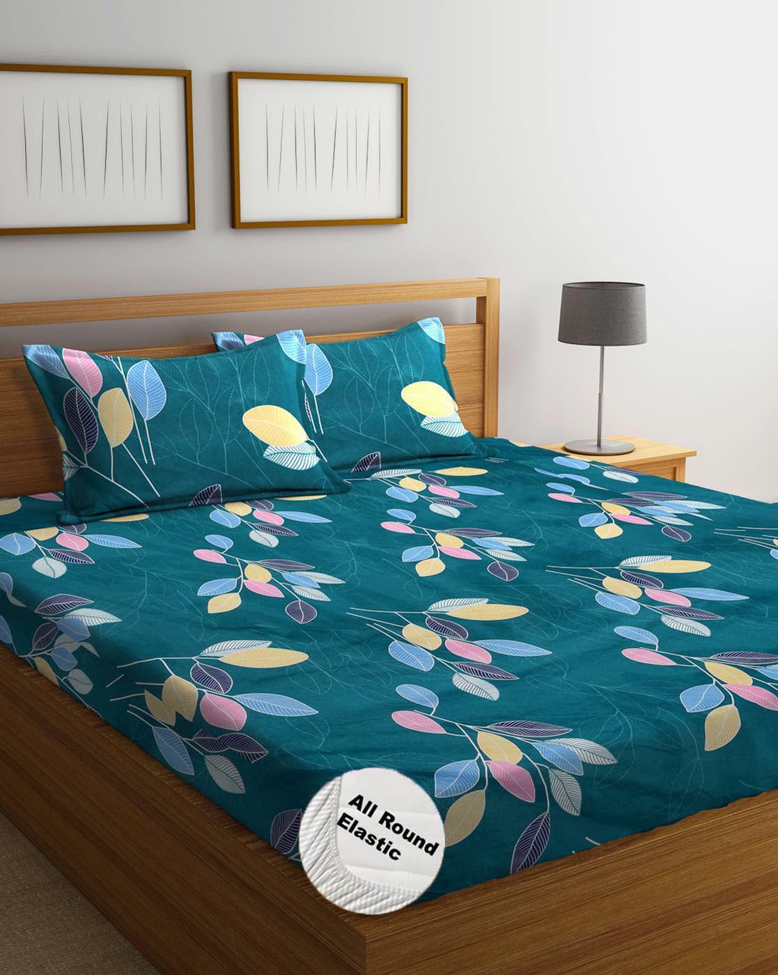 DECOMIZER Cotton Feel All Around Elastic Fitted Glace Printed King Size Double Bed Bedsheet With 2 Large Pillow Covers Fits Upto Mattress Of 8 Inches,Size-72 X 78 X 10 Inches,Green Leaves,300 TC
