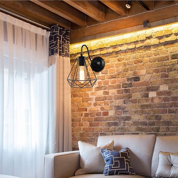 iDEGU iDEGU Wandlampen, industrieel, vintage, kooi, lampenkap, van metaal, zwart, plafondlamp, retro wandlamp voor binnen, decoratie voor woonkamer, keuken, slaapkamer, café, bar, Ø 20 cm, 2 stuks photo 3