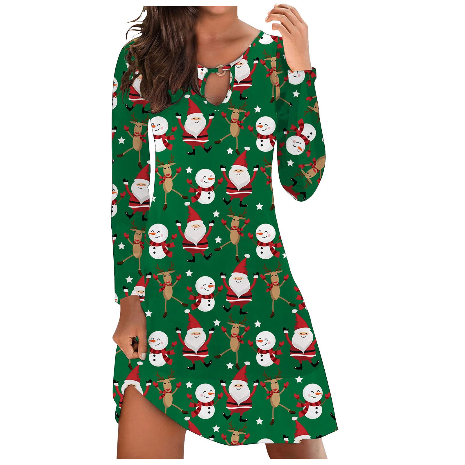 Robe Pull De Noël Femme à Capuche - Motif Wapiti, Manches Longues, Poche, Vert Festif - 11