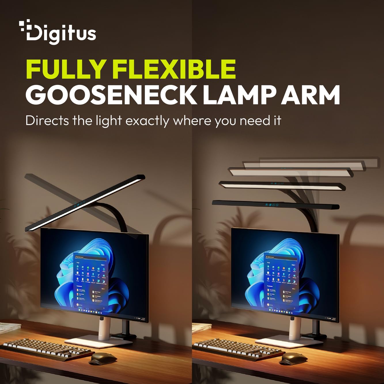 DIGITUS LED Schreibtischlampe – 2400 Lumen – 80 cm Breit – 16W – Schwarz | 1000 Lux – 4-stufige Farbtemperatur – Dimmbar – Touch-Control – flexibler Lampenarm – Klemmfuß – Tageslichtlampe