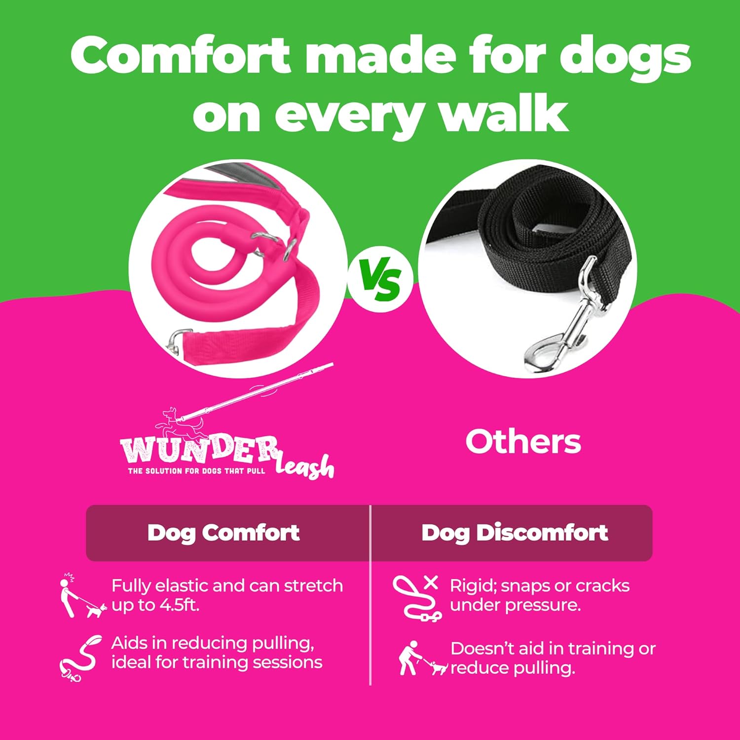WACKYwalk’r Shorter No Pull Leash - URBANwalk'r Premium Shorter No Pull Tangle-Free 3–4.5 ft Dog Leash | Built-in Traffic Handle & Stretch Strong Pullers for City Walks, Pink, Large: up to 150 lbs.
