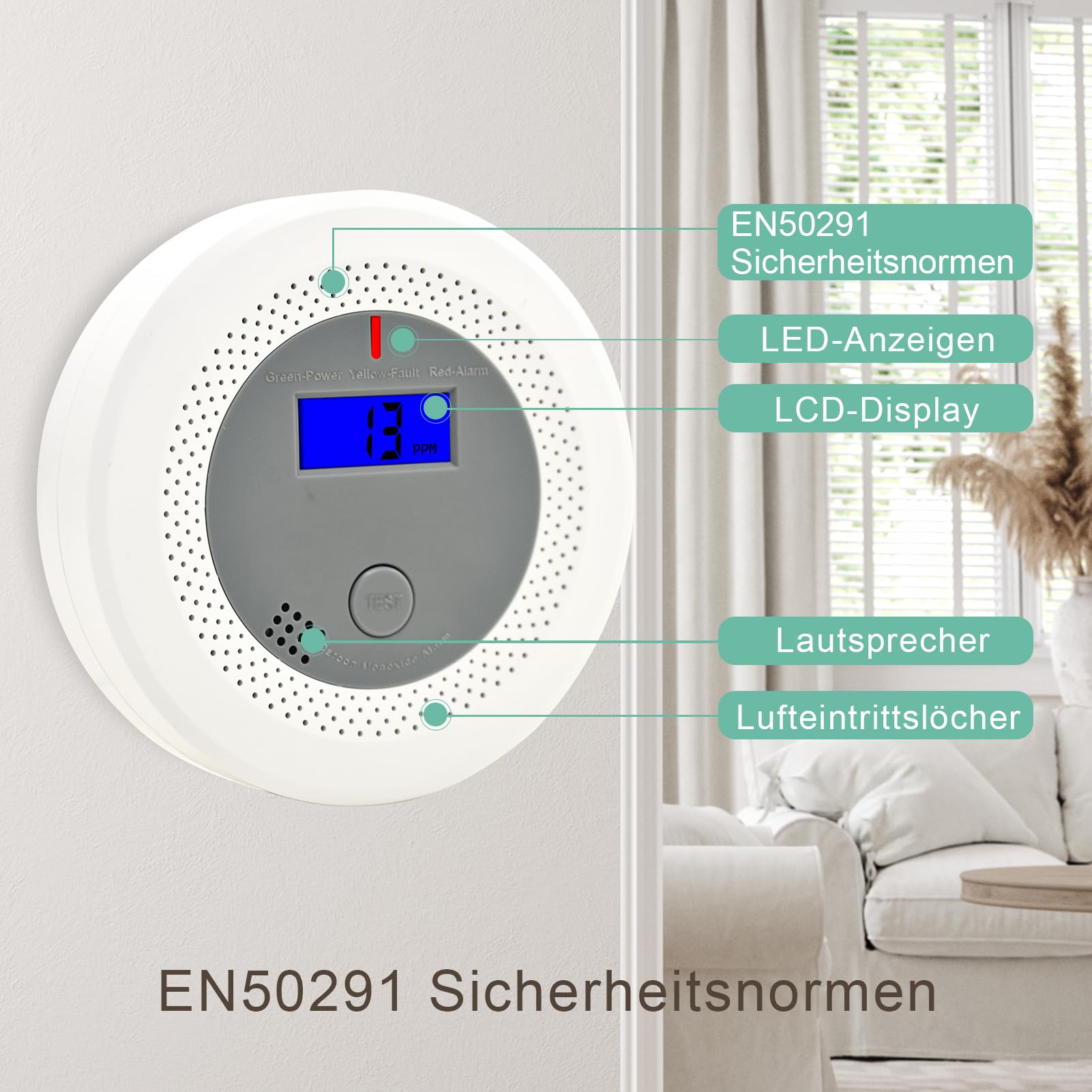 Kohlenmonoxidmelder mit 10-Jahres-Lithiumbatterie, Sprachalarm & LED-Display – CO-Warnmelder EN50291 Zertifiziert, für Haus, Wohnung, Wohnmobil（2 Stück）