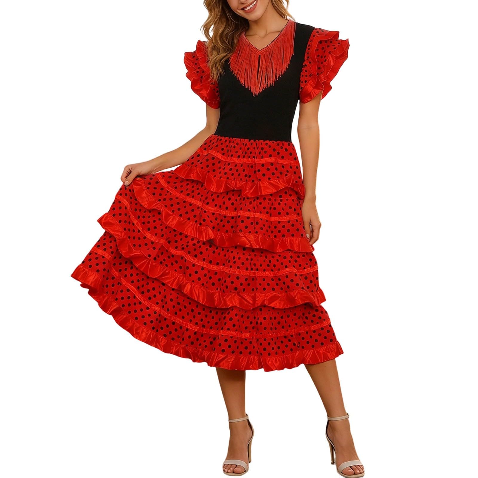 Generisch Spanish Flamenco Dress Women's Elegant Flamenco Costume V-Neck Short Sleeve Party Dress Midi Dresses Ruffle Trim Retro Polka Dots Dancer Dresses Dance Dress for Carnival Theme Party, red, XL