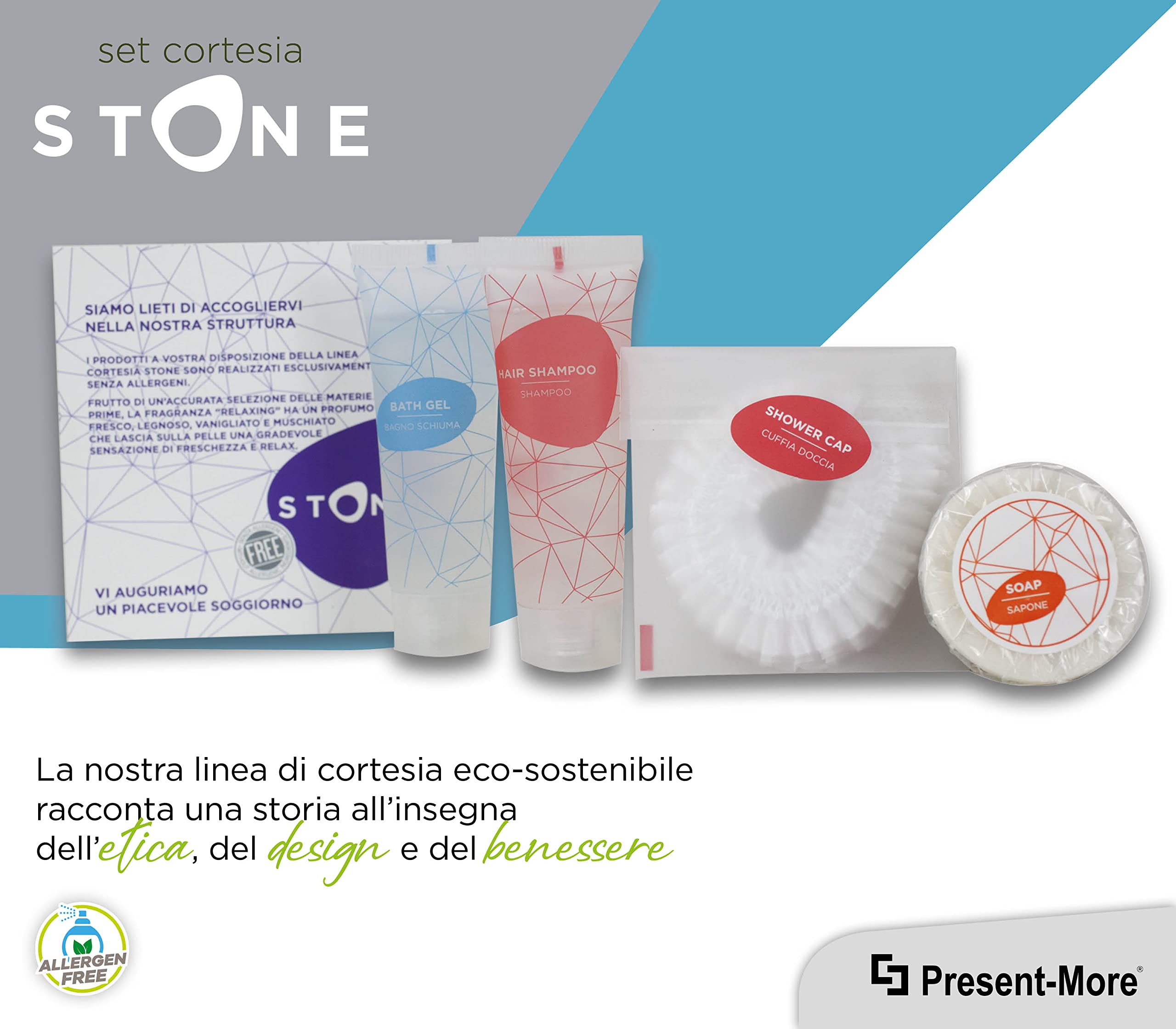 Present-More Amenities Kit Stone - Toilettenartikel 35 Gäste für Hotels und B&B | Allergenfreie Amenities Kit mit Duftnote Relaxing